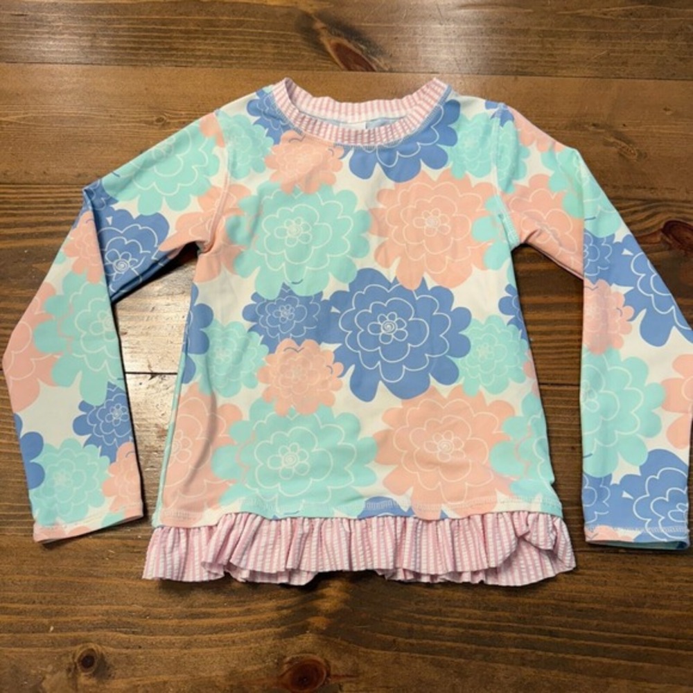 Ruffle Butts‎ Bathing Swim Shirt Girls Size 7 Rash Guard Pink Blue Floral